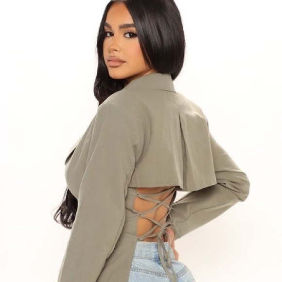 Fashion nova size large out of the office lace up linen blazer olive green - Picture 1 of 8